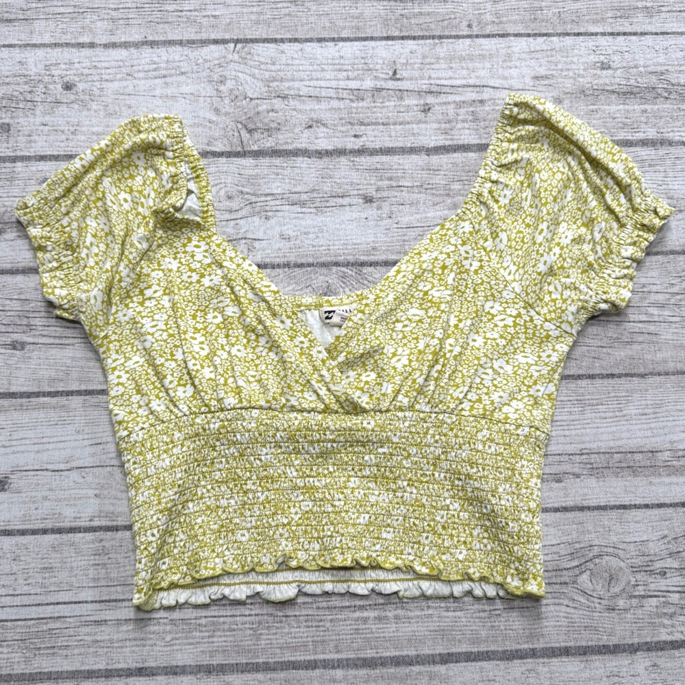 Billabong Crop Top Women's Large Green White Floral Smocked Puff Sleeve V-Neck